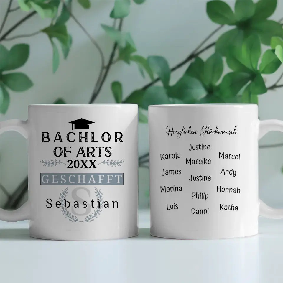 Geschenk Abschluss Tasse Bachlor of Arts mit Name Studium