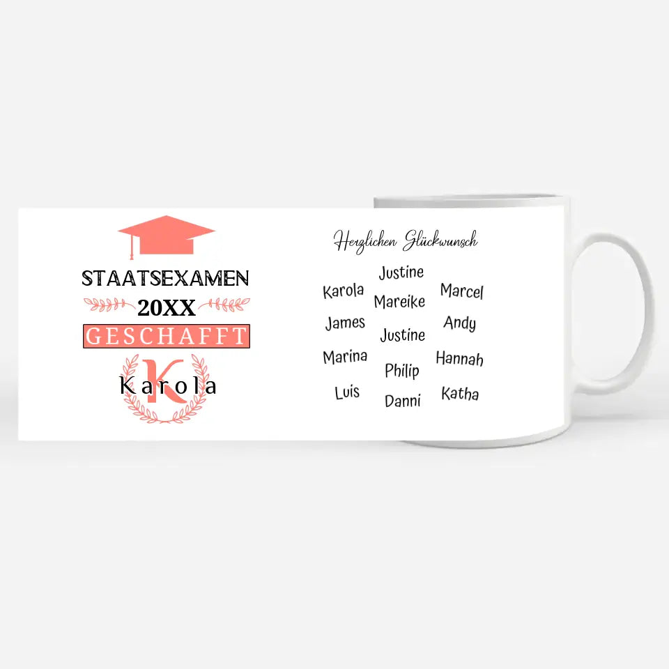 Abschluss Tasse Geschenk Staatsexamen mit Name Rosa Rot