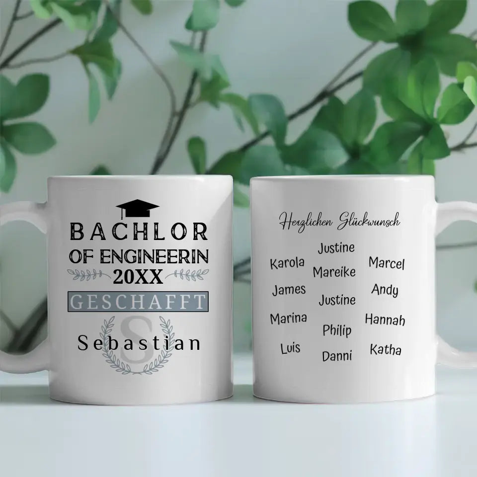 Geschenk Abschluss Tasse Bachlor of Engineerin mit Name Studium