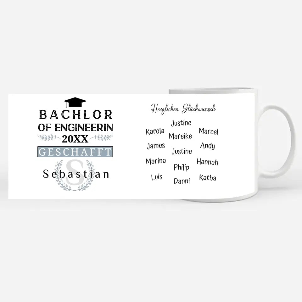 Geschenk Abschluss Tasse Bachlor of Engineerin mit Name Studium