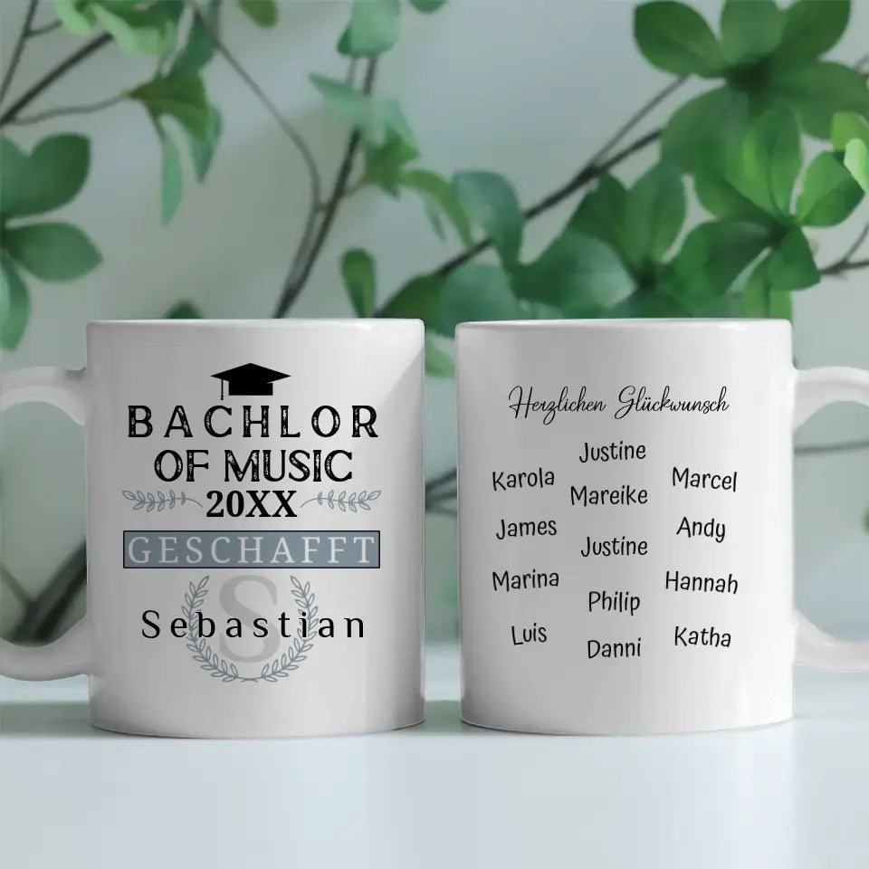 Geschenk Abschluss Tasse zum Bachlor of Music mit Name Studium