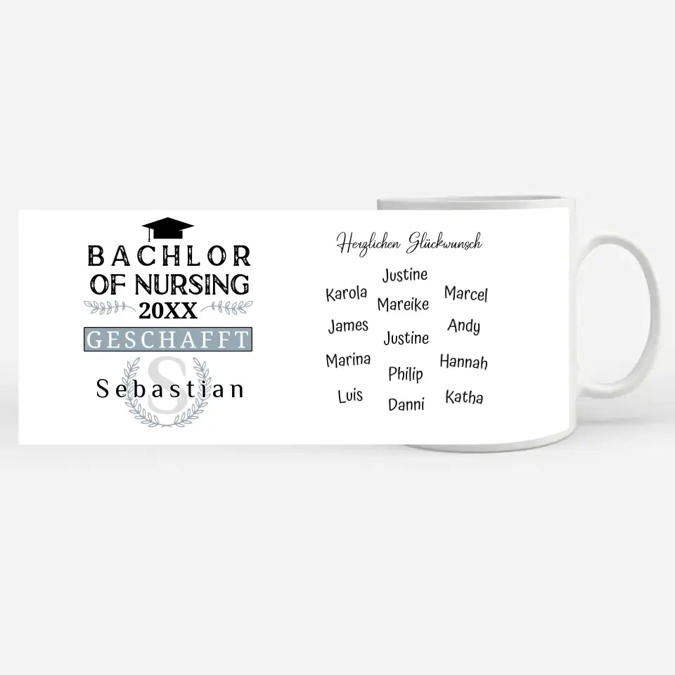 Geschenk Abschluss Tasse zum Bachlor of Nursing mit Name Studium