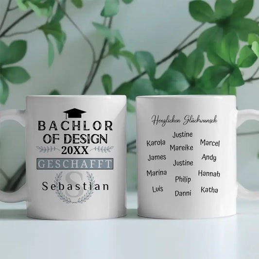 Geschenk Abschluss Tasse zum Bachlor of Design mit Name Studium