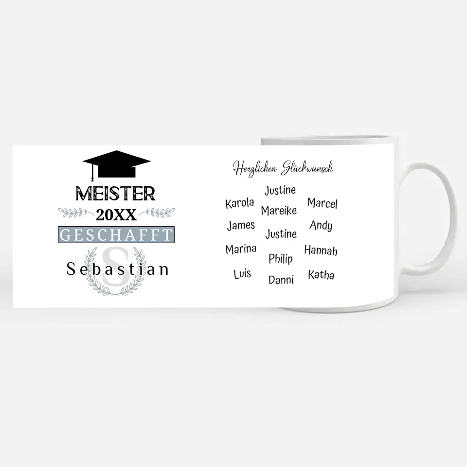 Personalisierte Abschluss Tasse Meister mit Name Blau Grau Abi