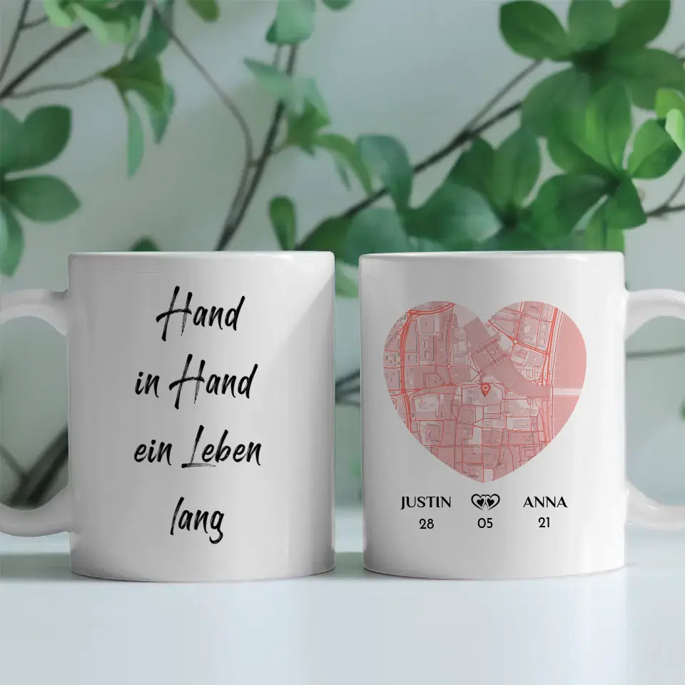 Tasse personalisiert für Paare Hand in Hand ein Leben lang Stadtkarte