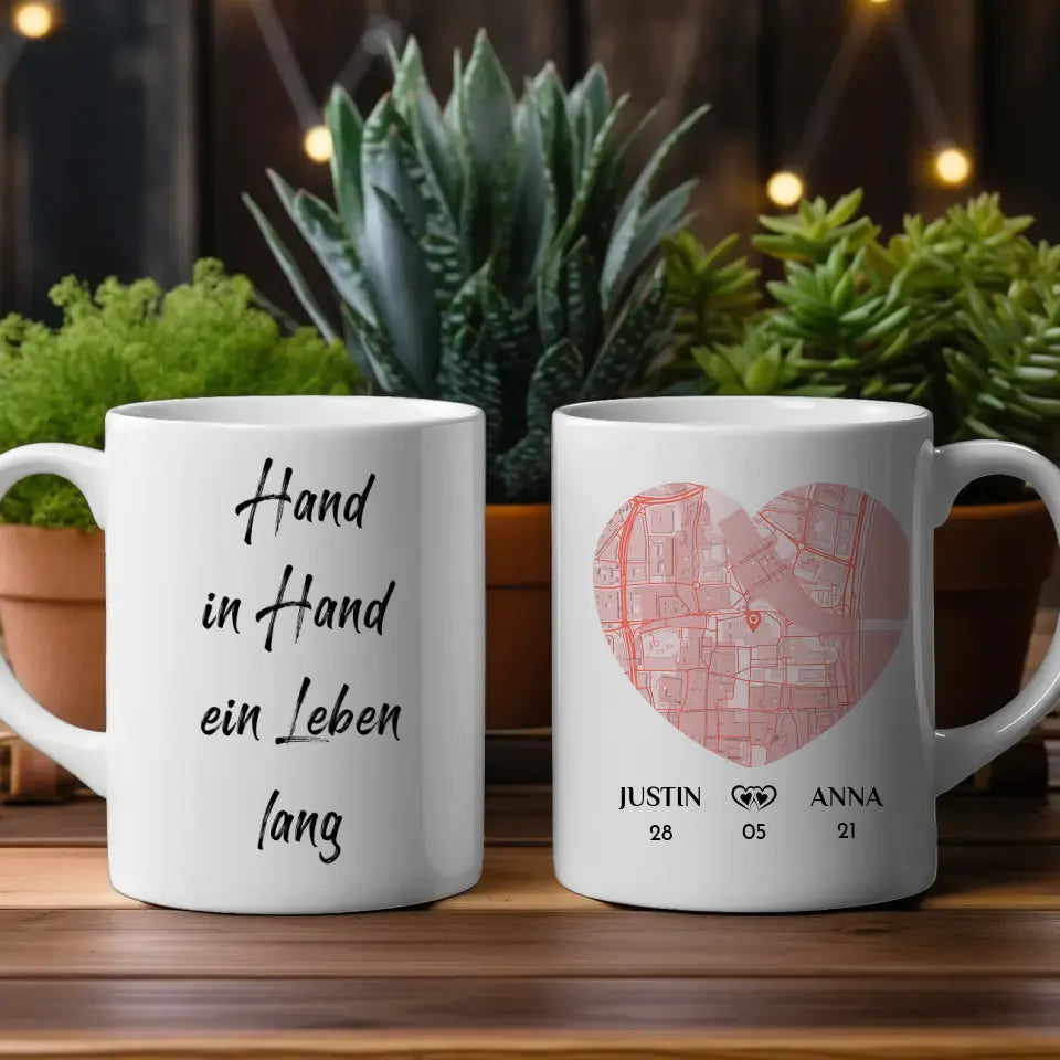 Tasse personalisiert für Paare Hand in Hand ein Leben lang Stadtkarte