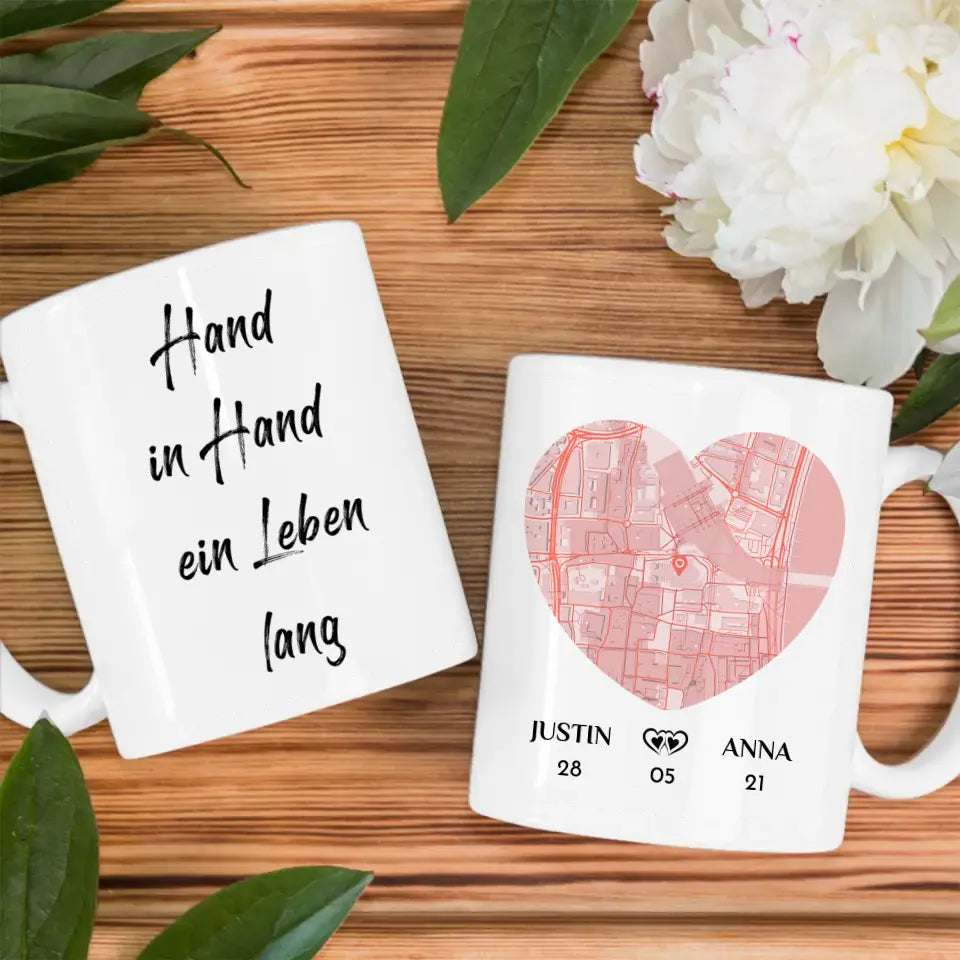 Tasse personalisiert für Paare Hand in Hand ein Leben lang Stadtkarte