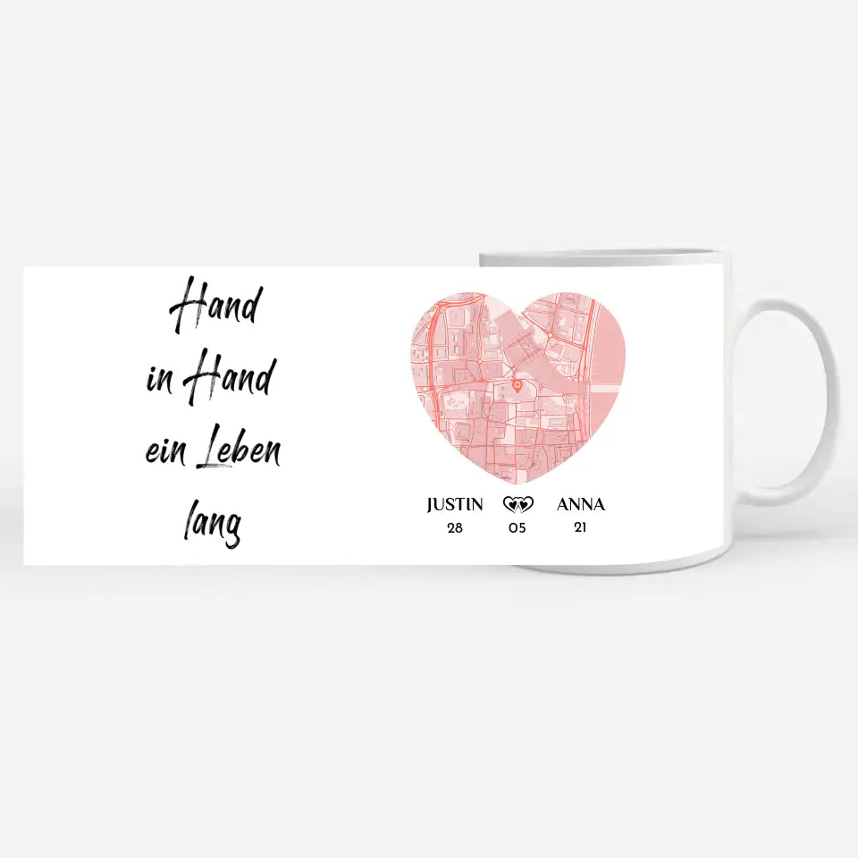 Tasse personalisiert für Paare Hand in Hand ein Leben lang Stadtkarte