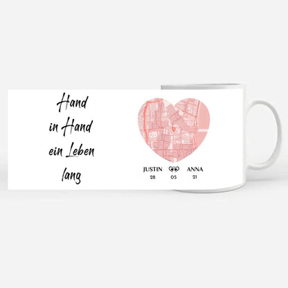 Tasse personalisiert für Paare Hand in Hand ein Leben lang Stadtkarte