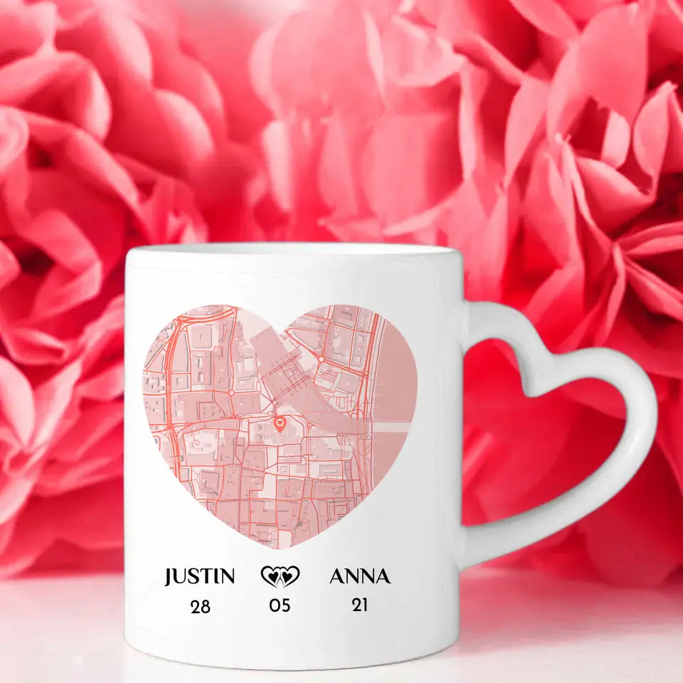 Tasse personalisiert für Paare Hand in Hand ein Leben lang Stadtkarte