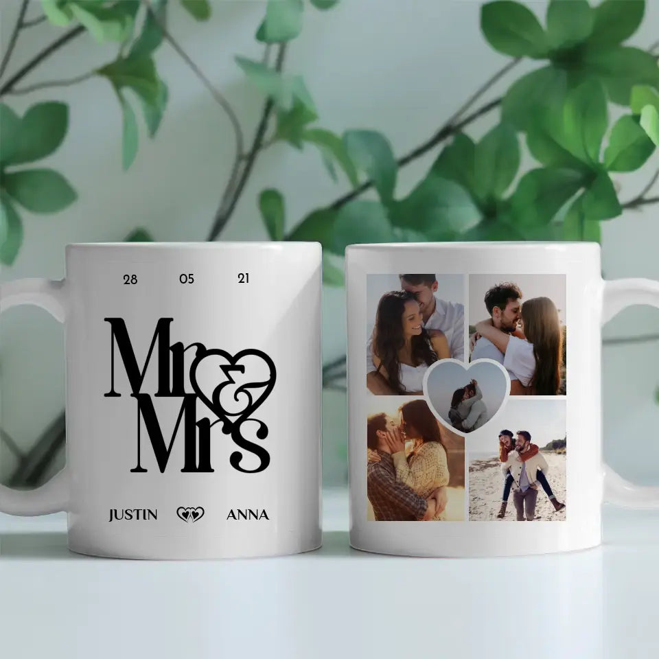 Personalisierte Tasse mit 5 Fotos Mr & Mrs mit Ringen