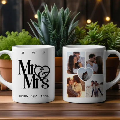 Personalisierte Tasse mit 5 Fotos Mr & Mrs mit Ringen