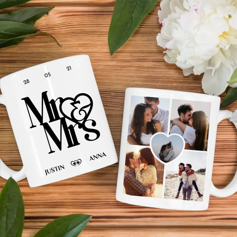 Personalisierte Tasse mit 5 Fotos Mr & Mrs mit Ringen