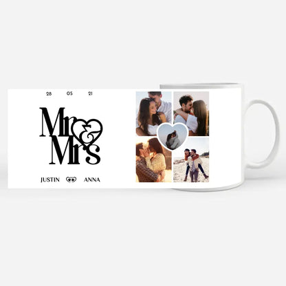 Personalisierte Tasse mit 5 Fotos Mr & Mrs mit Ringen