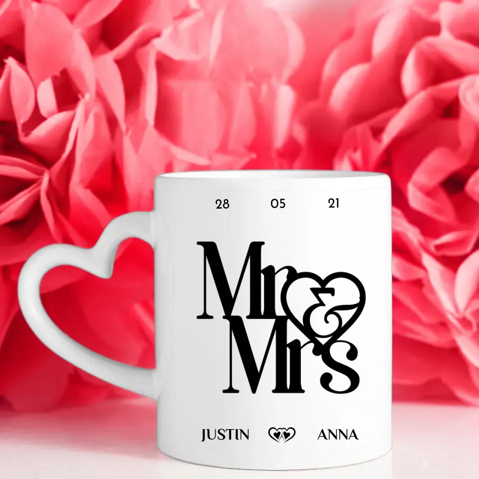 Personalisierte Tasse mit 5 Fotos Mr & Mrs mit Ringen