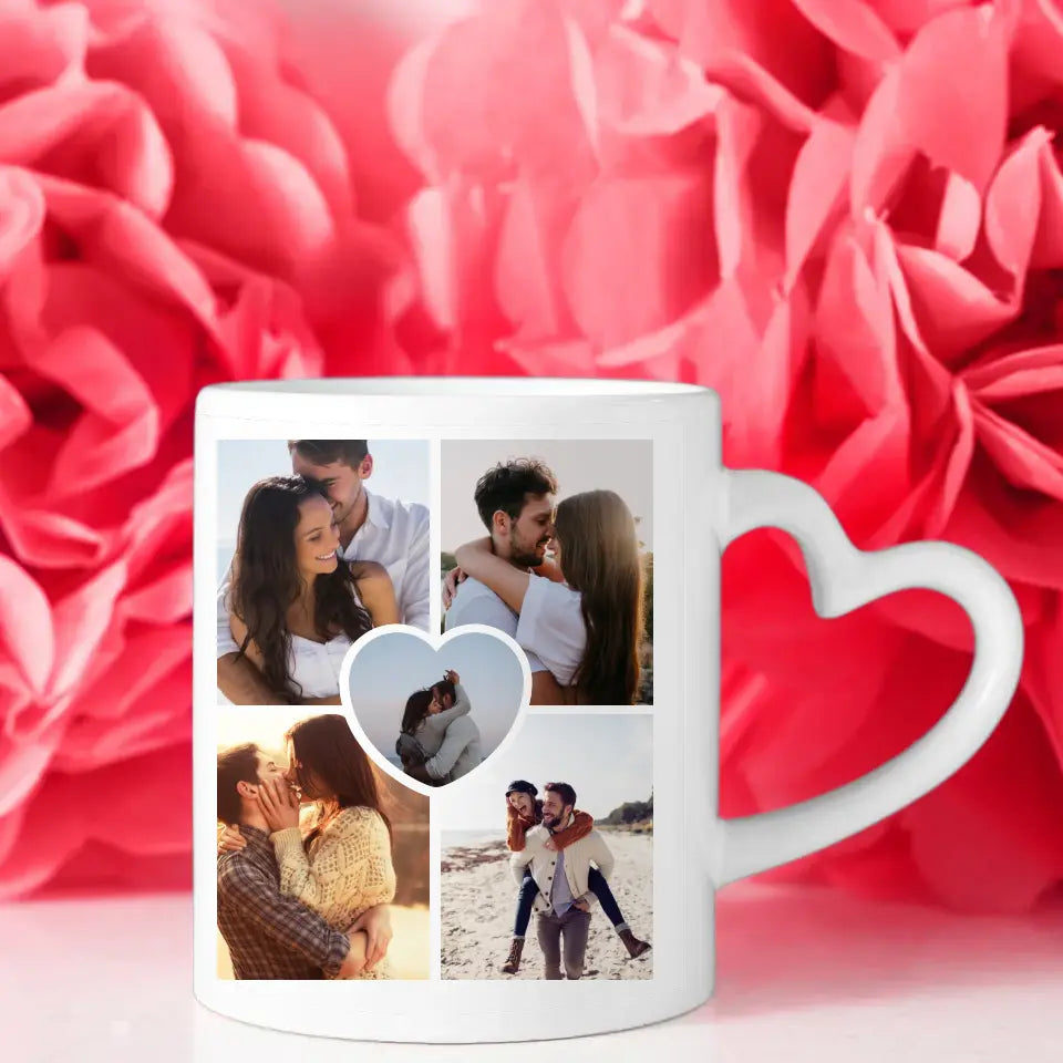 Personalisierte Tasse mit 5 Fotos Mr & Mrs mit Ringen