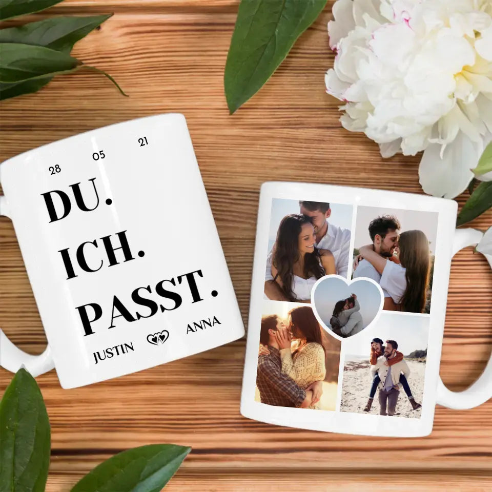 Tasse personalisiert für Paare mit 5 Fotos Du Ich Passt