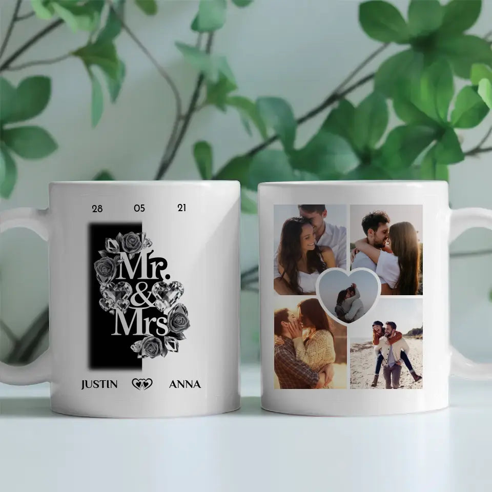 Personalisierte Tasse für Freundin mit 5 Fotos Mr and Mrs