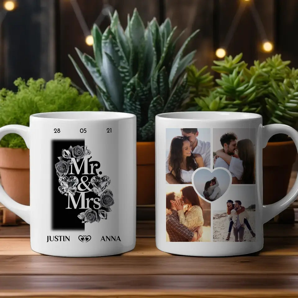 Personalisierte Tasse für Freundin mit 5 Fotos Mr and Mrs