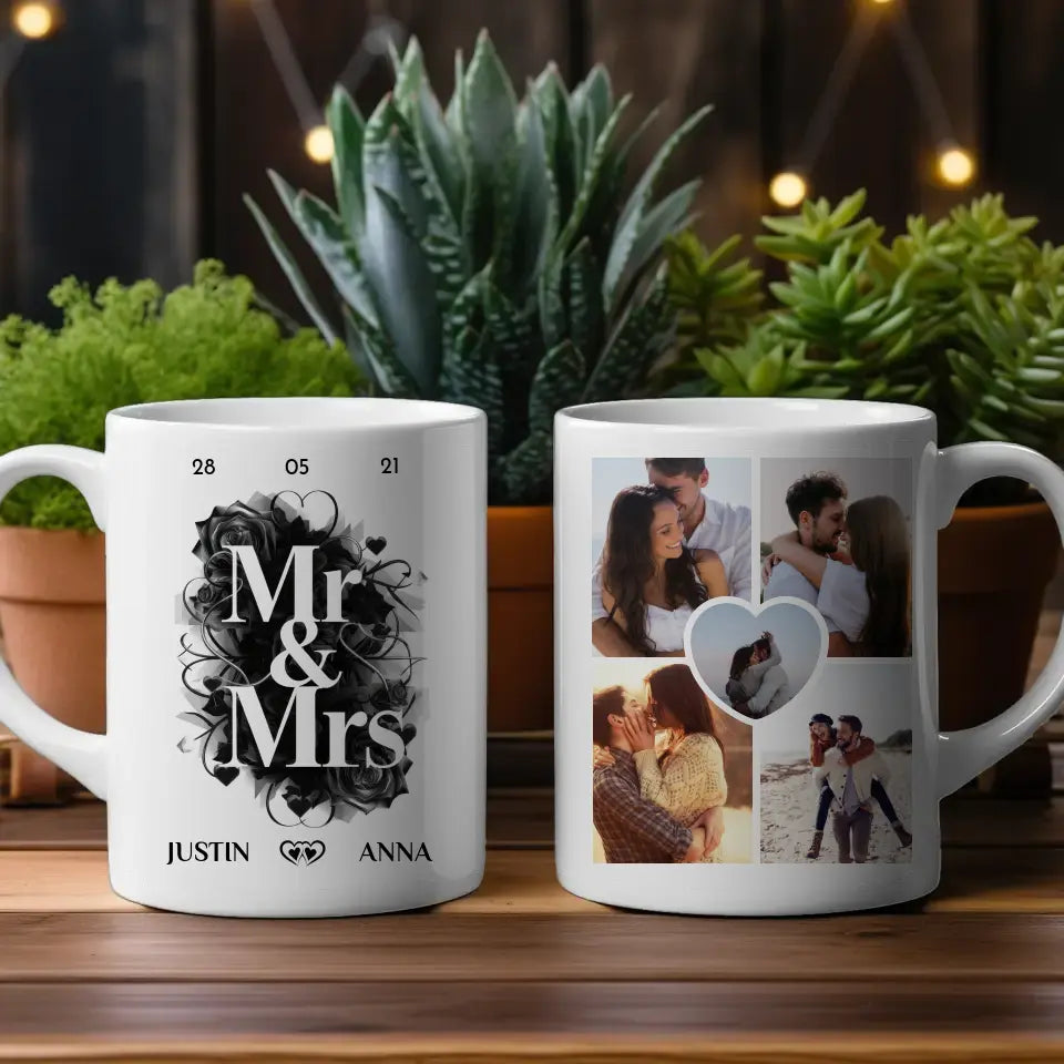 Personalisierte Tasse Mr and Mrs mit 5 Fotos