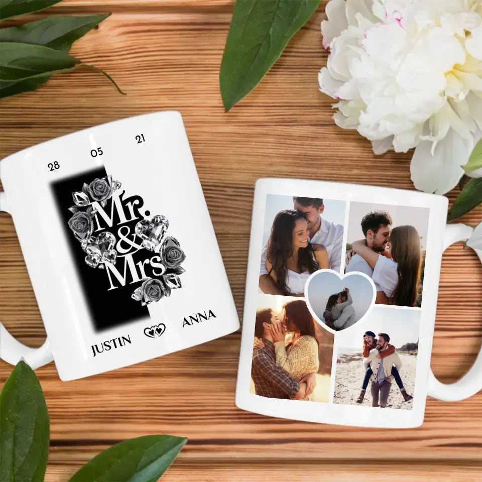 Personalisierte Tasse für Freundin mit 5 Fotos Mr and Mrs