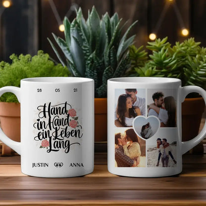 Tasse personalisiert für Paare Hand in Hand ein Leben lang mit 5 Fotos