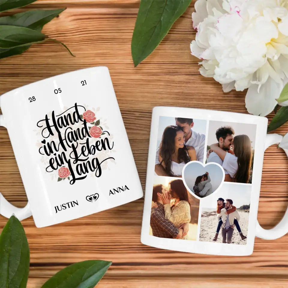 Tasse personalisiert für Paare Hand in Hand ein Leben lang mit 5 Fotos