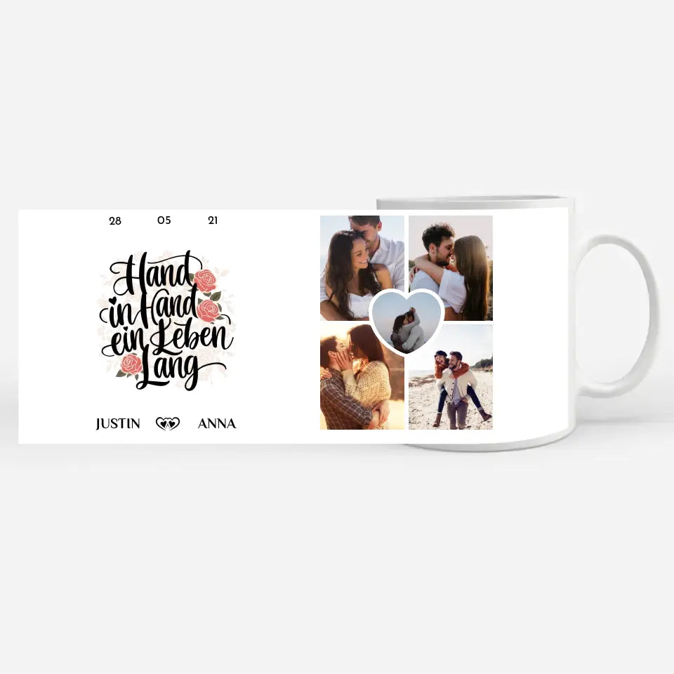 Tasse personalisiert für Paare Hand in Hand ein Leben lang mit 5 Fotos