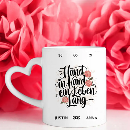 Tasse personalisiert für Paare Hand in Hand ein Leben lang mit 5 Fotos