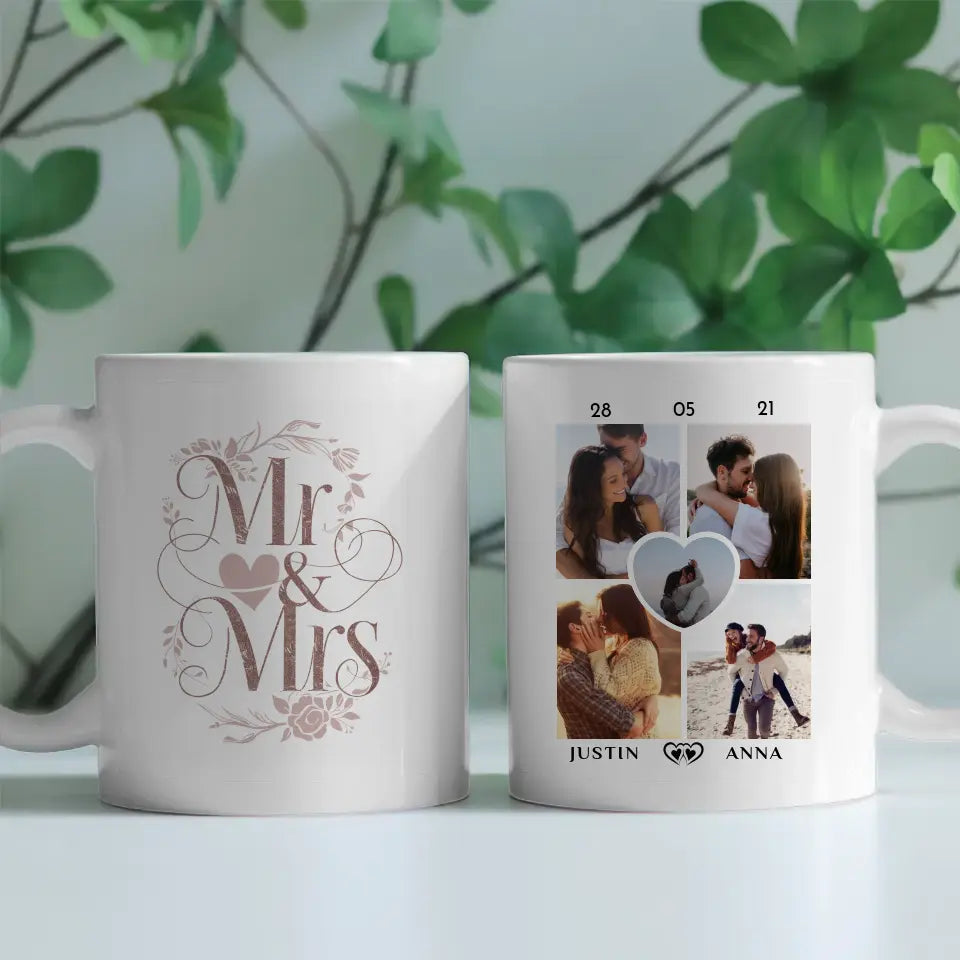 Personalisierte Pärchen Tasse Mr & Mrs Pinke Rosen mit 5 Fotos