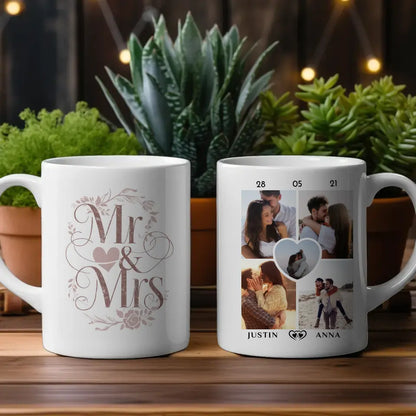 Personalisierte Pärchen Tasse Mr & Mrs Pinke Rosen mit 5 Fotos