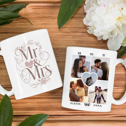 Personalisierte Pärchen Tasse Mr & Mrs Pinke Rosen mit 5 Fotos