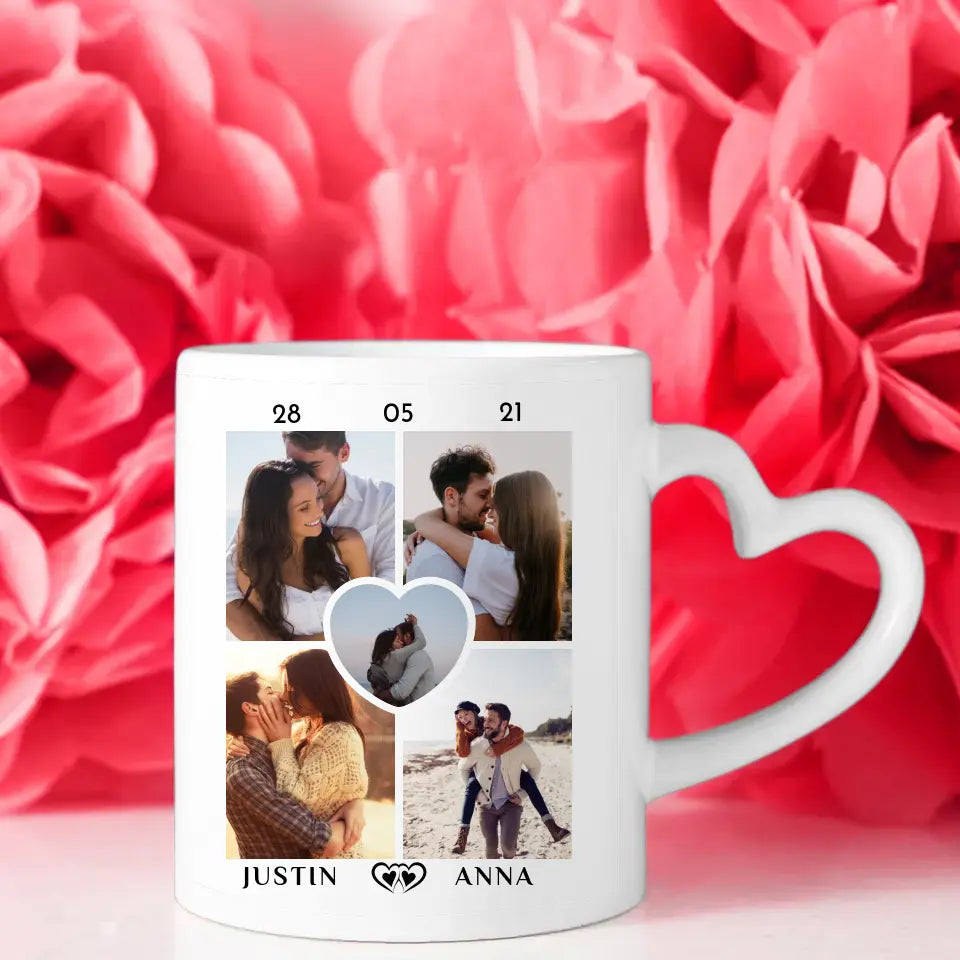 Personalisierte Pärchen Tasse Mr & Mrs Pinke Rosen mit 5 Fotos