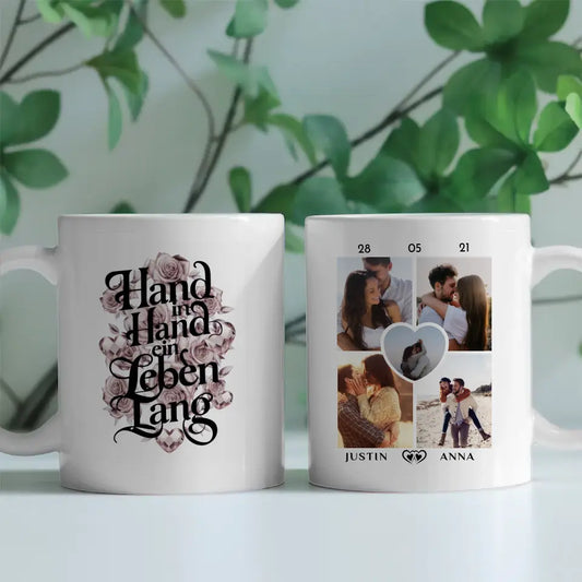 Tasse für Paare mit 5 Fotos Hand In Hand Herz Ranken für Pärchen