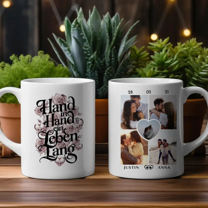 Tasse für Paare mit 5 Fotos Hand In Hand Herz Ranken für Pärchen