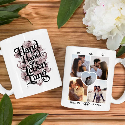 Tasse für Paare mit 5 Fotos Hand In Hand Herz Ranken für Pärchen