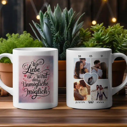 Tasse personalisiert für Paare Wo Liebe Ist Magisch mit 5 Fotos