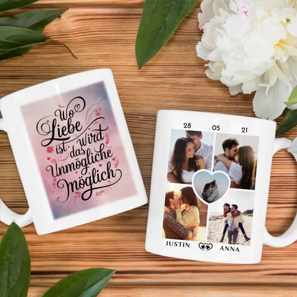 Tasse personalisiert für Paare Wo Liebe Ist Magisch mit 5 Fotos