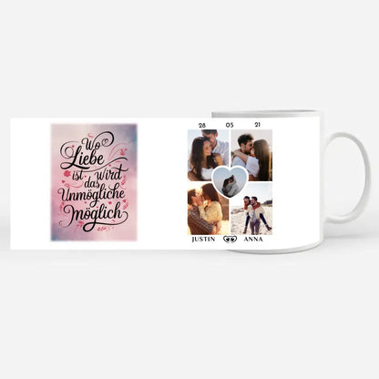 Tasse personalisiert für Paare Wo Liebe Ist Magisch mit 5 Fotos