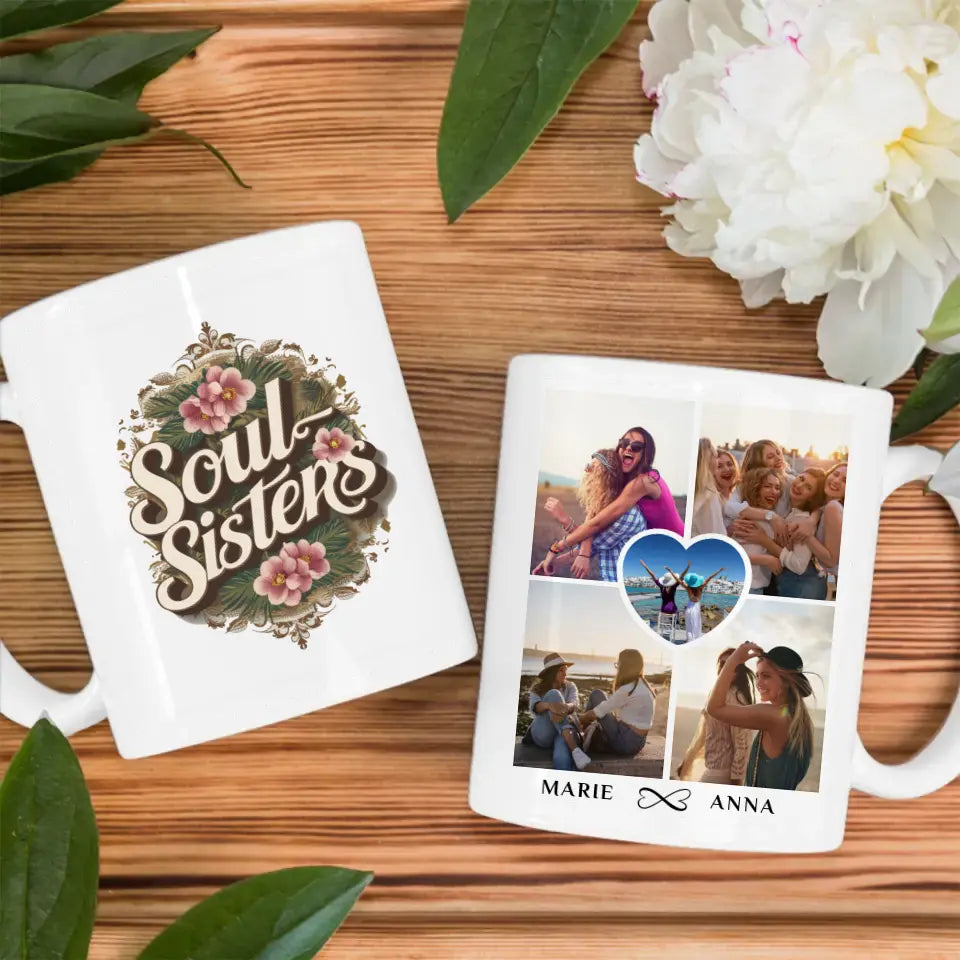 Tassen Geschenk für beste Freundin Soul Sisters personalisiert mit 5 Fotos