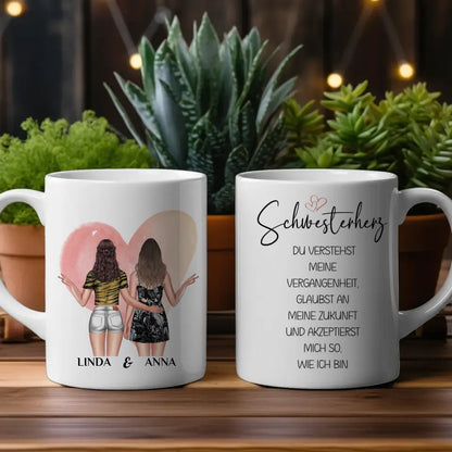 Tasse für Schwester Du verstehst Mich mit Figuren