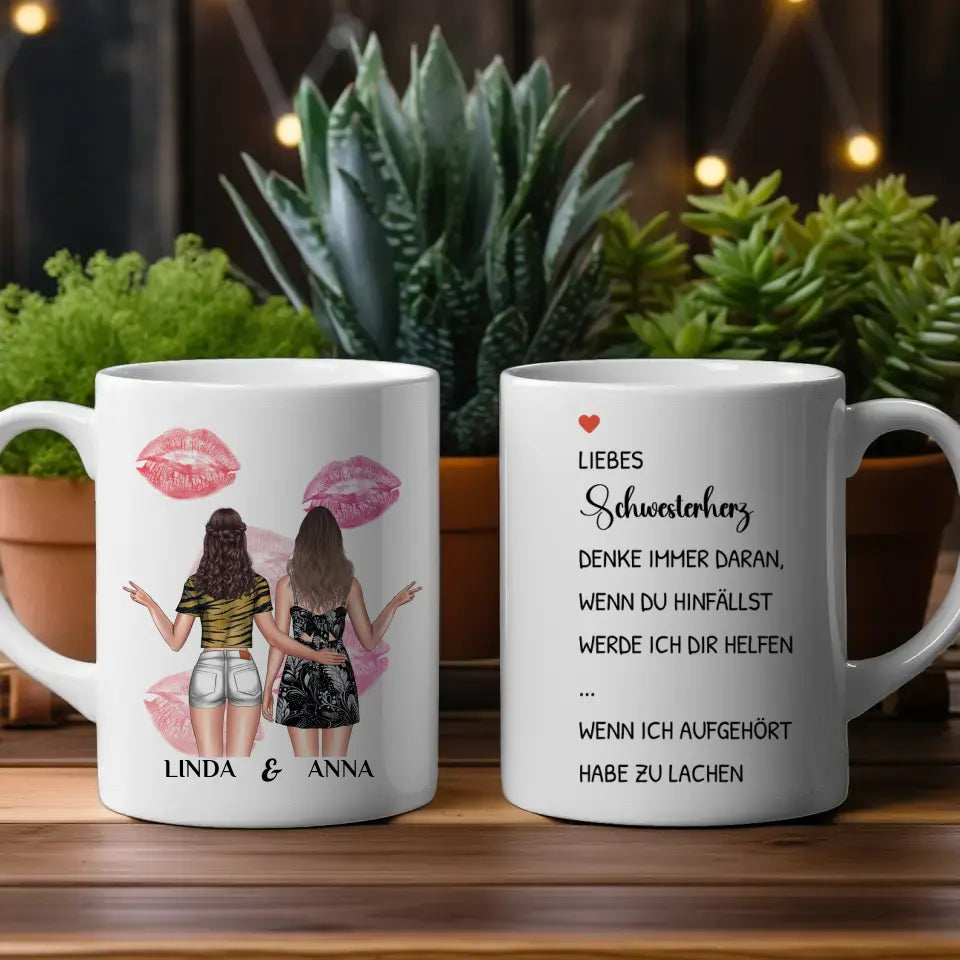 Tasse für Schwester personalisiert Wenn du hinfällst mit Figuren