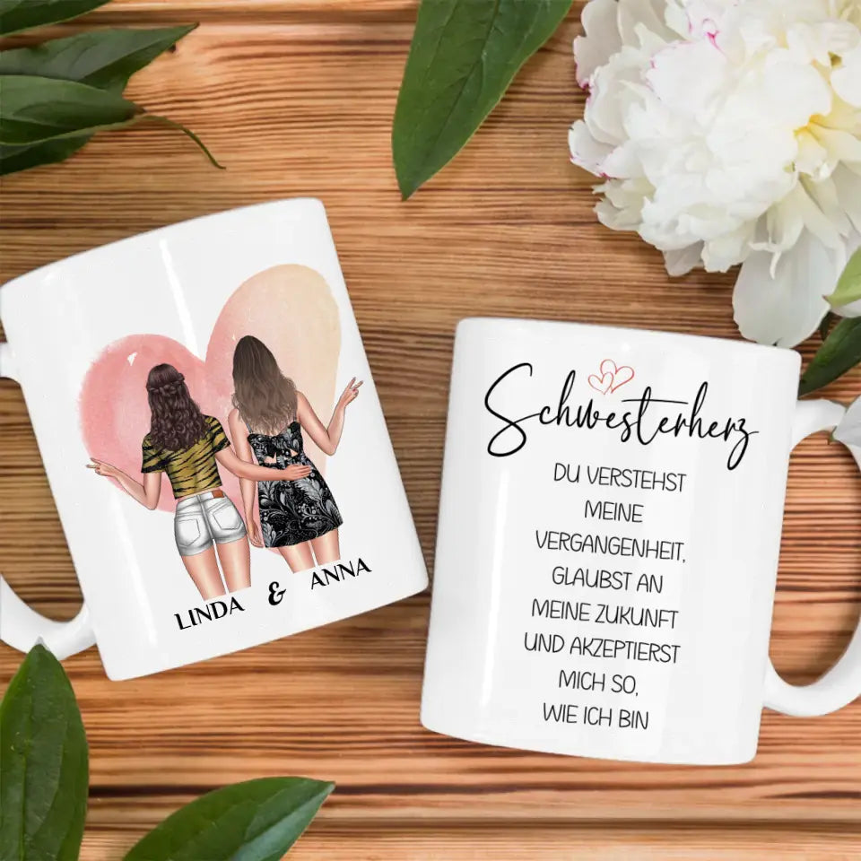 Tasse für Schwester Du verstehst Mich mit Figuren