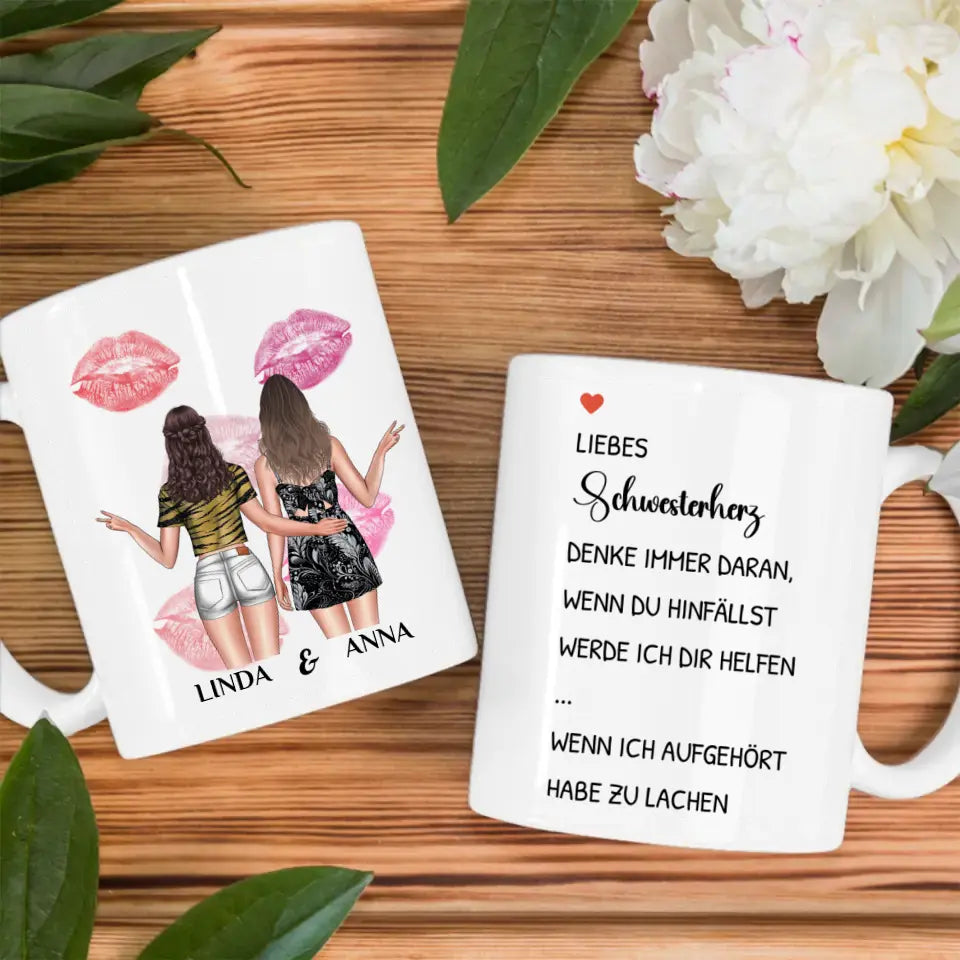 Tasse für Schwester personalisiert Wenn du hinfällst mit Figuren