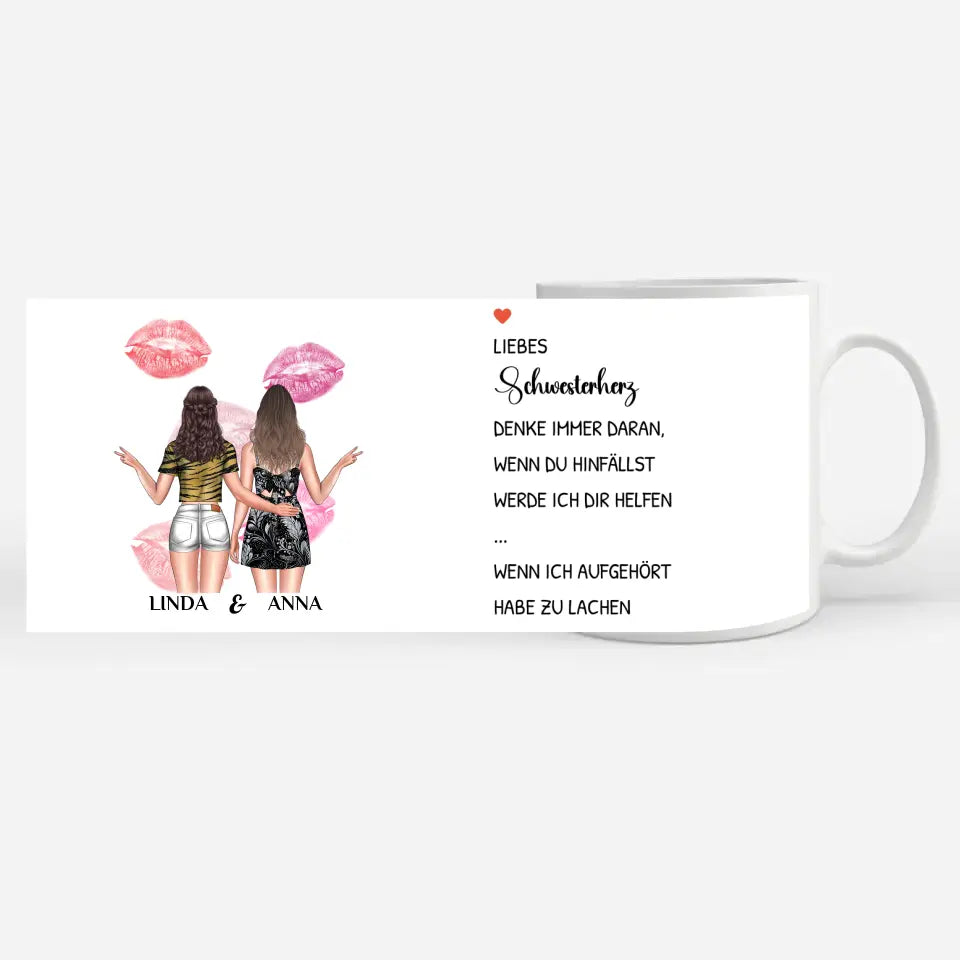 Tasse für Schwester personalisiert Wenn du hinfällst mit Figuren