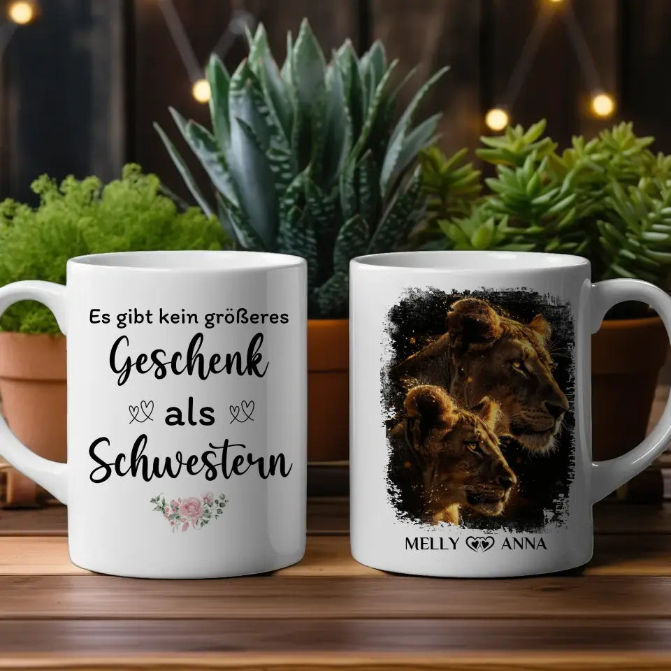 Tasse für Schwester personalisiert Löwen Bild Kein größeres Geschenk