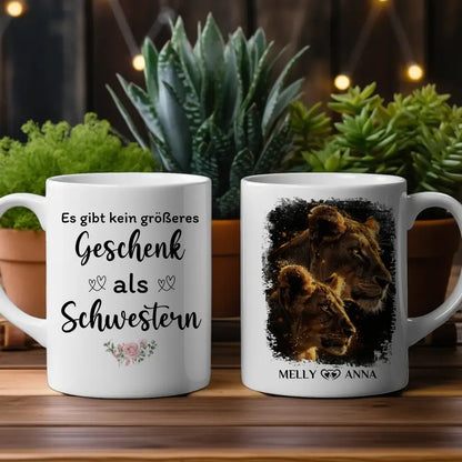 Tasse für Schwester personalisiert Löwen Bild Kein größeres Geschenk