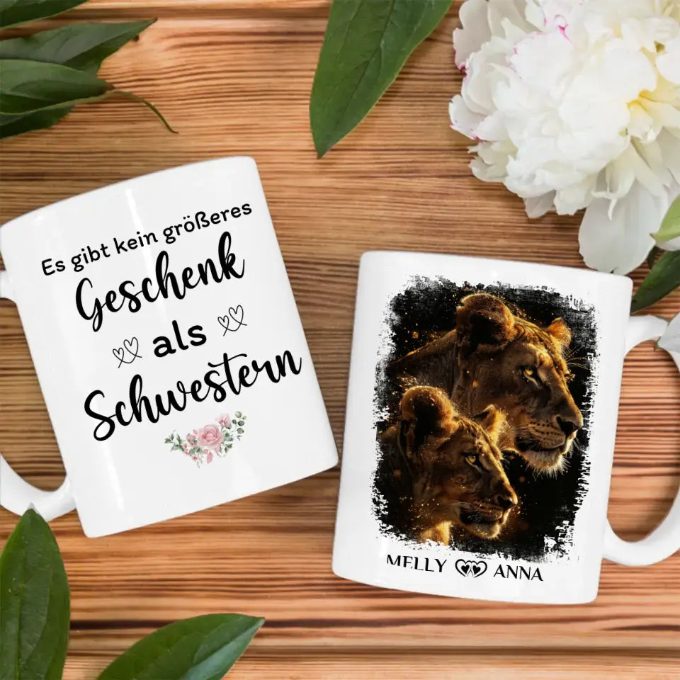 Tasse für Schwester personalisiert Löwen Bild Kein größeres Geschenk