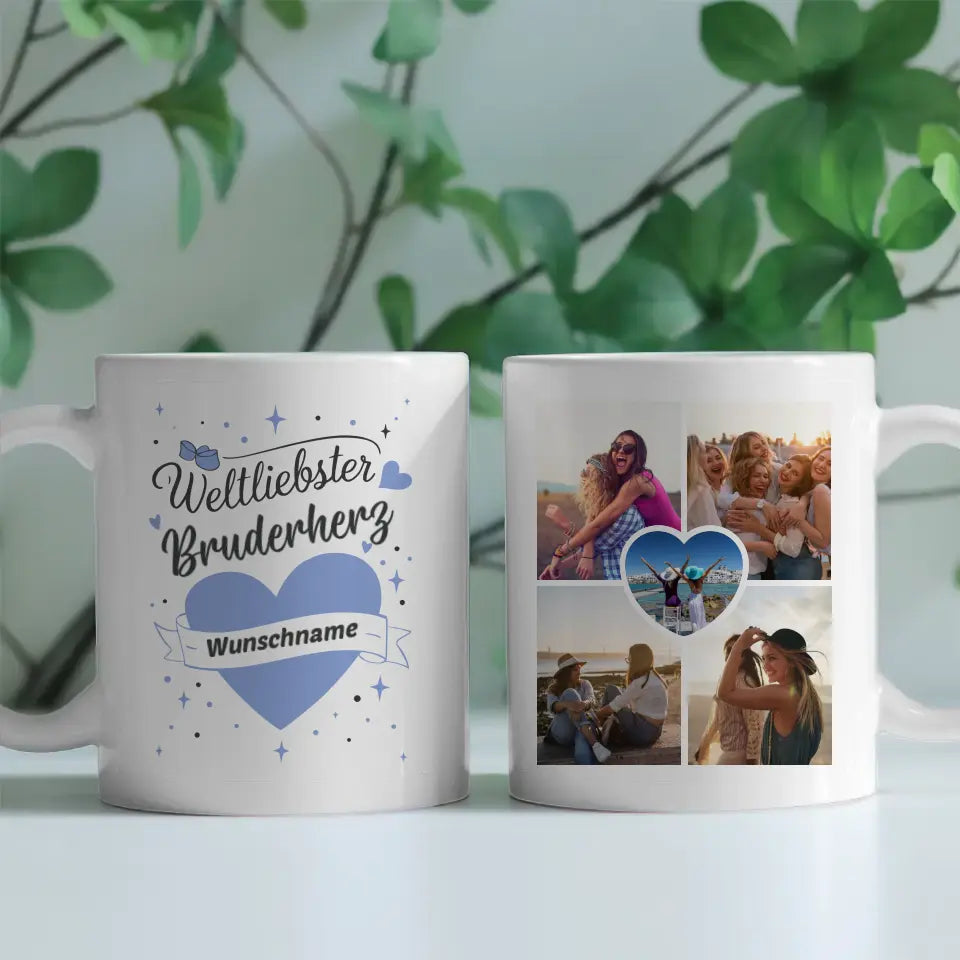 Dankeschöne Tasse Weltliebster Bruderherz der Welt Mit Name & 5 Fotos