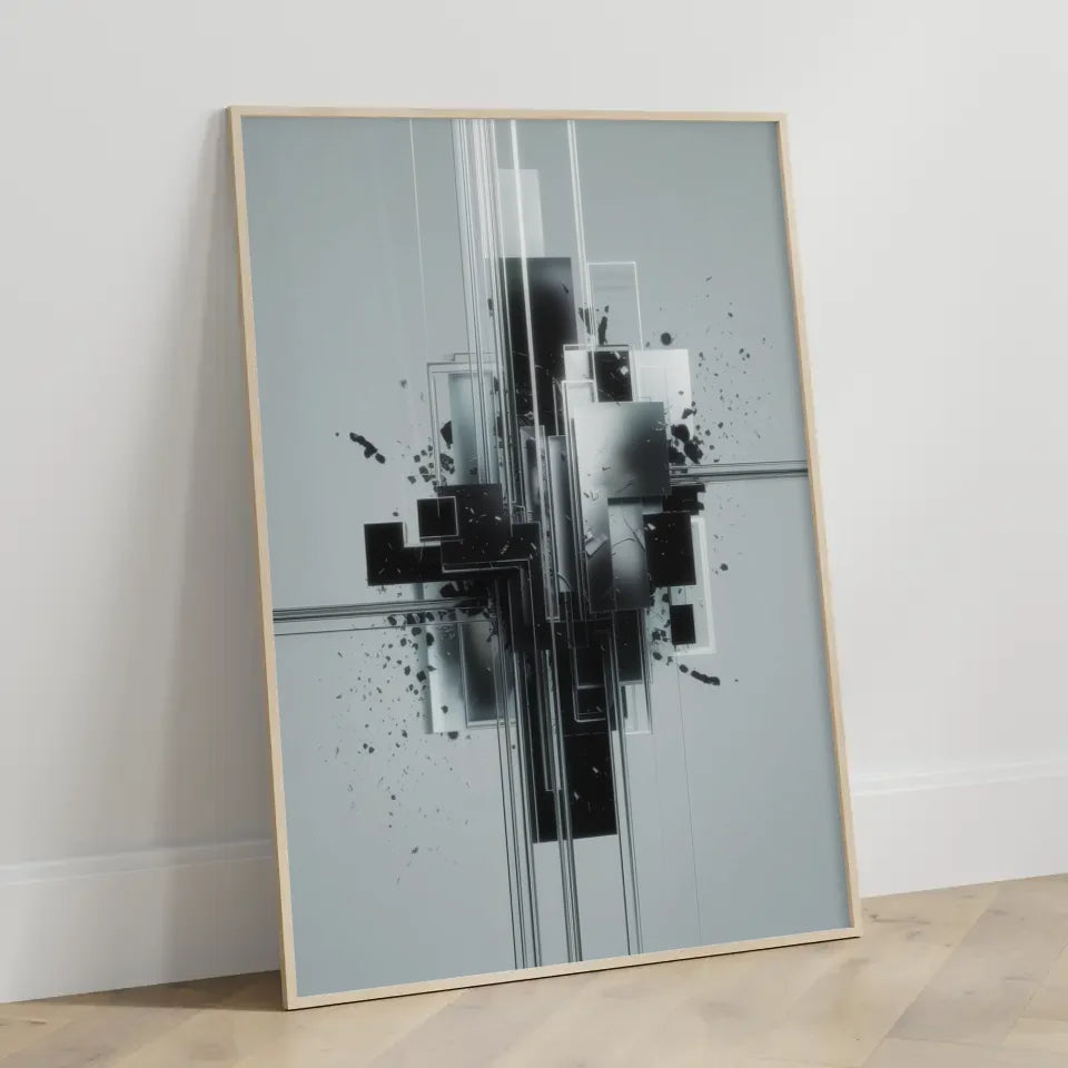 Abstraktes Poster mit geometrischen Formen und künstlerischen Spritzern